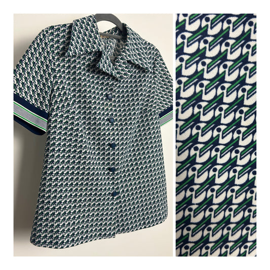 Vintage 1970s Size 12 Navy Blue Green & White Abstract Geo Print Short Sleeve Mod Shirt