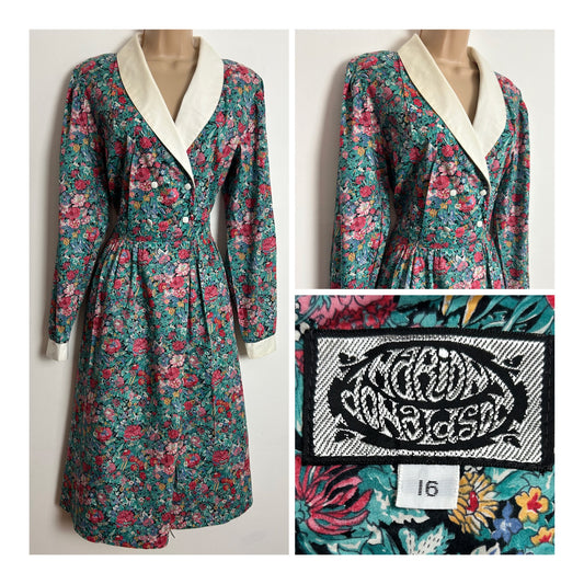 Vintage 1980s MARION DONALDSON UK Size 12 Black Green & Coral Floral LIBERTY Print Mock Wrap Cotton Day Dress