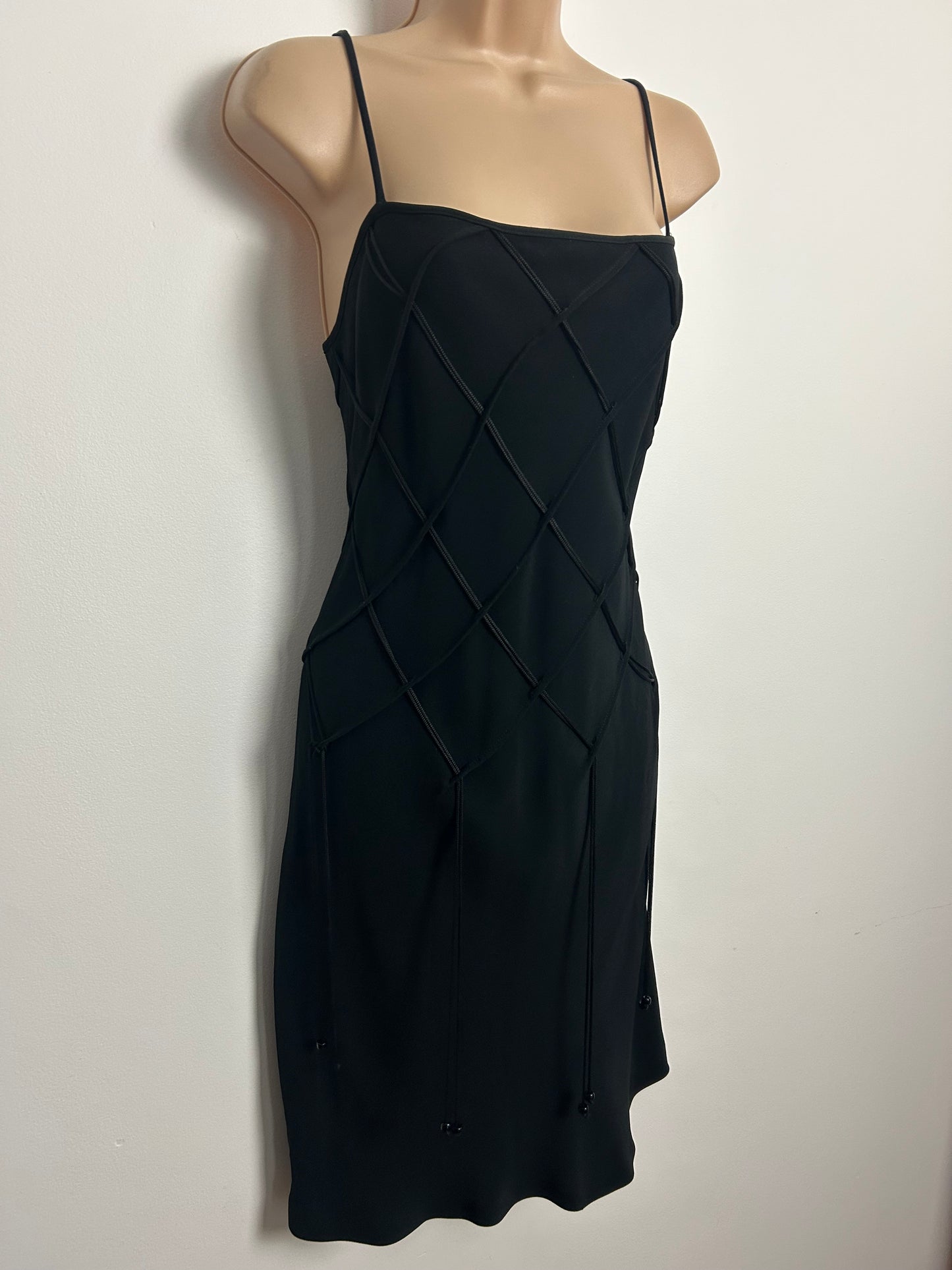 Vintage Late 1990s MOSCHINO CHEAP & CHIC Size 10 Black Lattice String Detail Little Black Dress & Matching Jacket Suit
