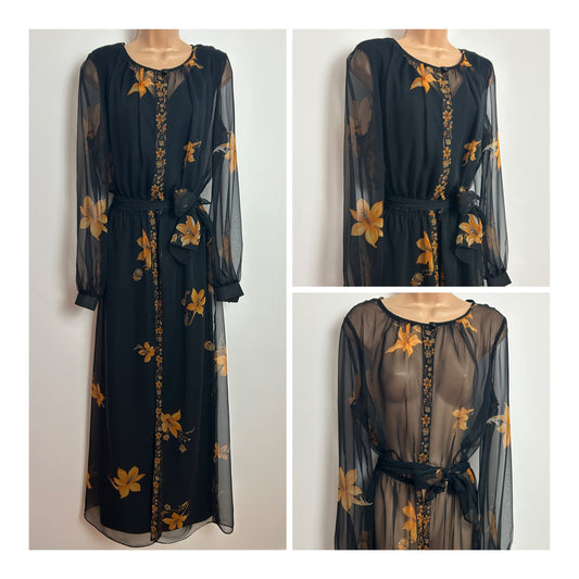 Vintage 1970s Size 14 Black & Dark Orange Floral Print Two Layered Maxi Dress