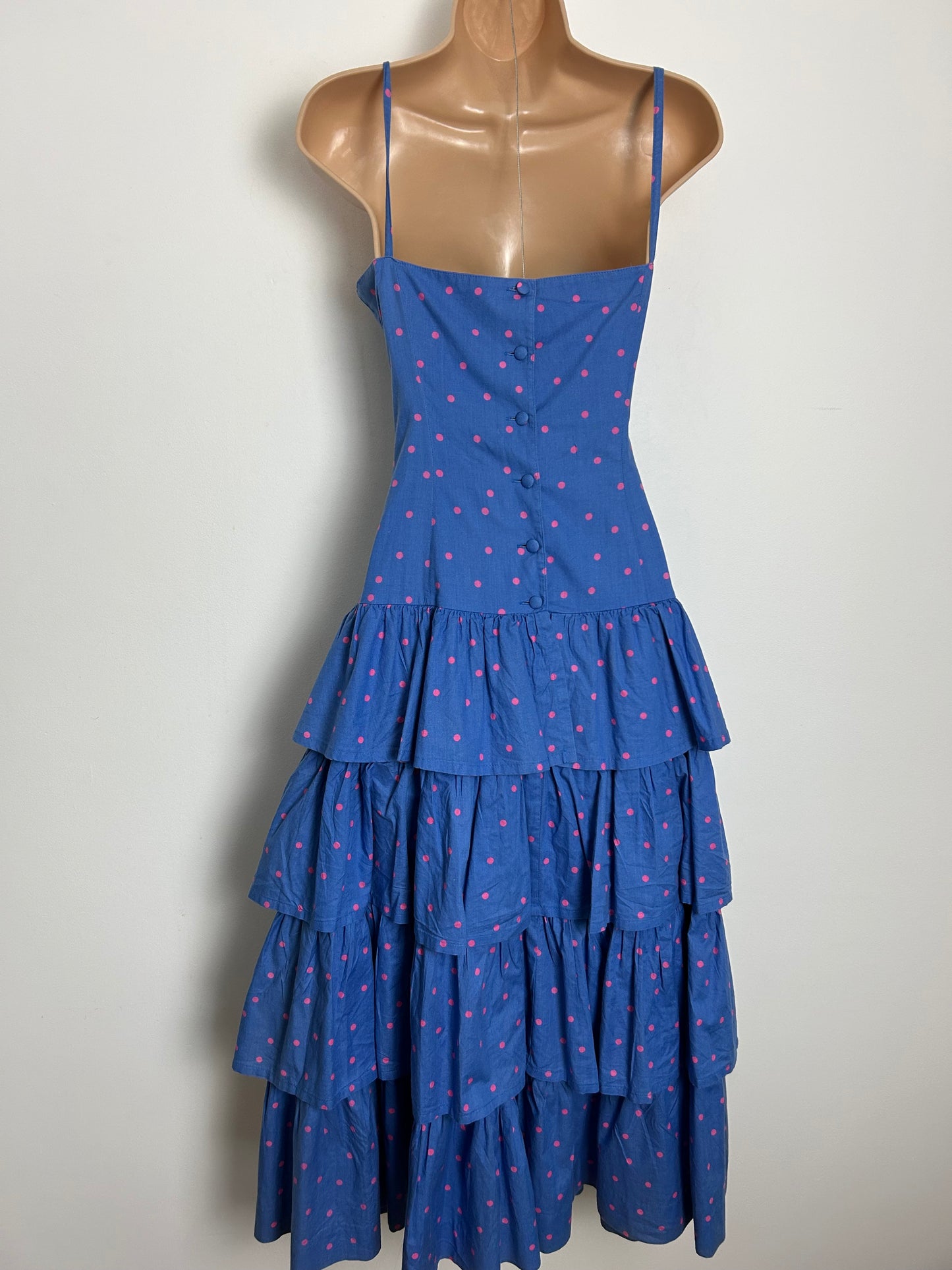 Vintage 1980s LAURA ASHLEY Size 8 Blue & Pink Polka Dot Print Layered Ra Ra Style Midaxi Dress