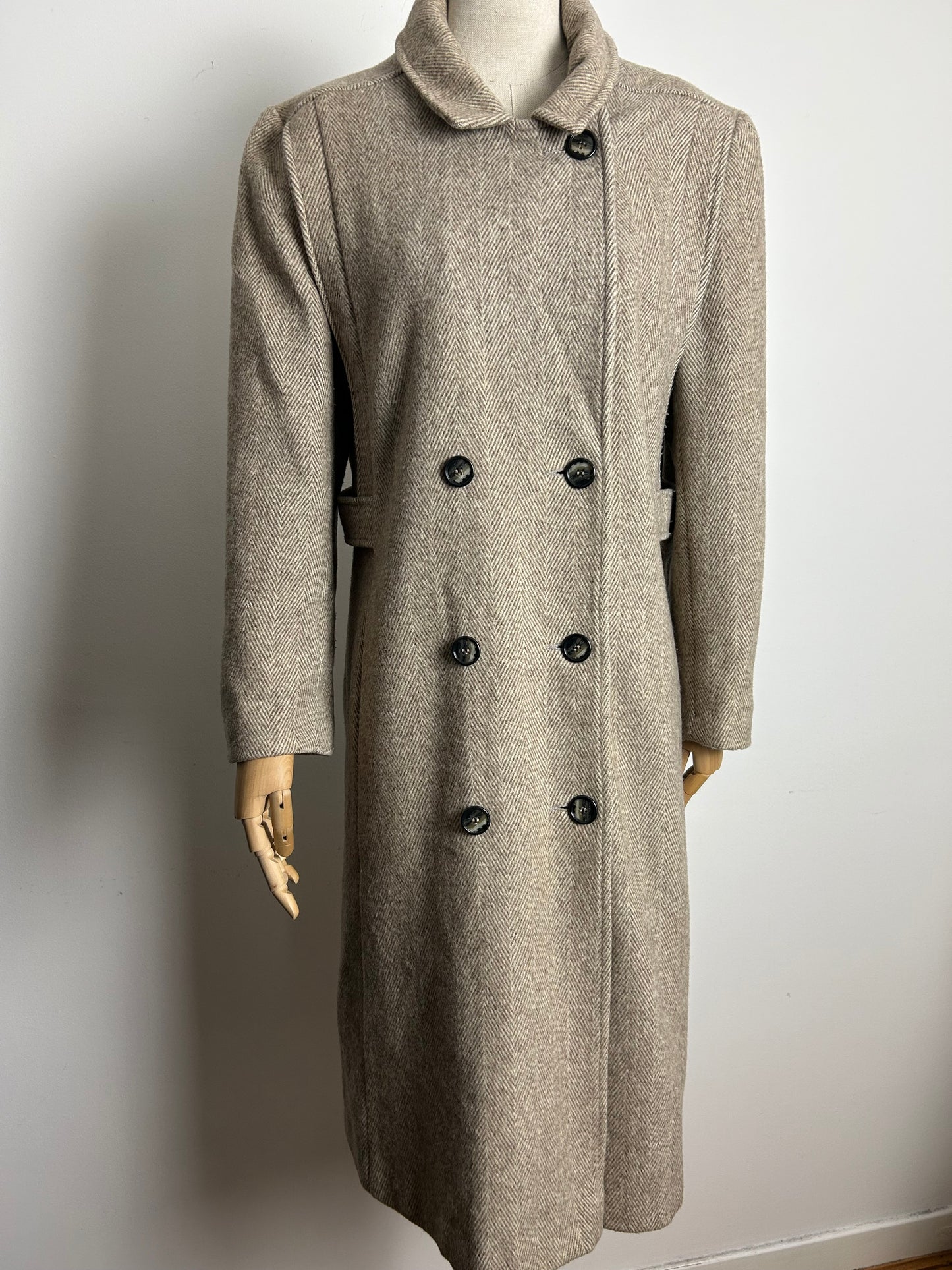 Vintage Early 1980s NOBLE FASHIONS UK Size 12-14 Beige Herringbone Pure New Wool Double Breasted Winter Coat