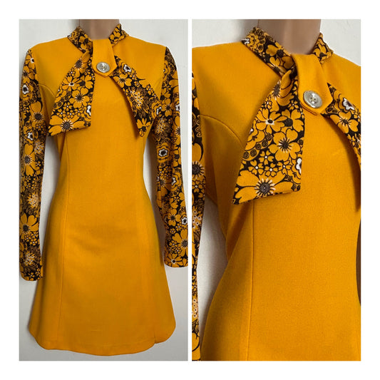 Vintage 1960s Size 10 Orange & Brown Floral Print Contrast Scarf Neck Long Sleeve Mod Shift Dress