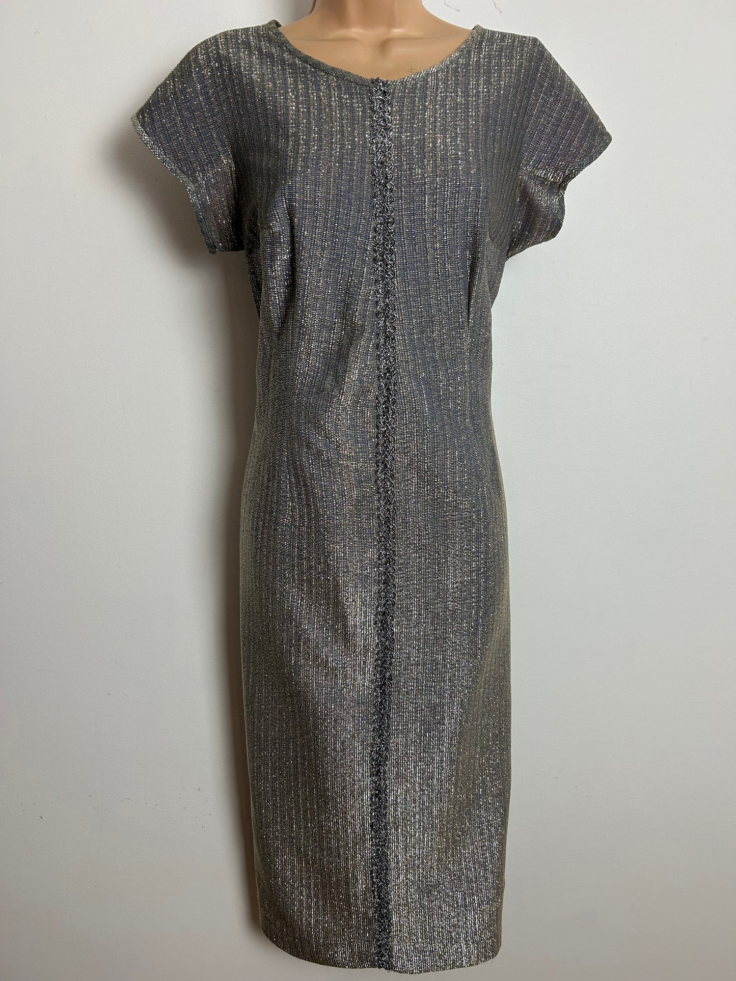 Vintage 1960s BERBRIGHT LONDON Size 12 Silver Lurex Braid Trim Evening Party Dress & Matching Cropped Jacket