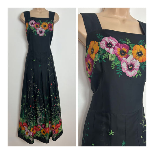 Vintage 1970s Size 12 Black Pink Orange & Green Floral Print Wide Strap Maxi Dress