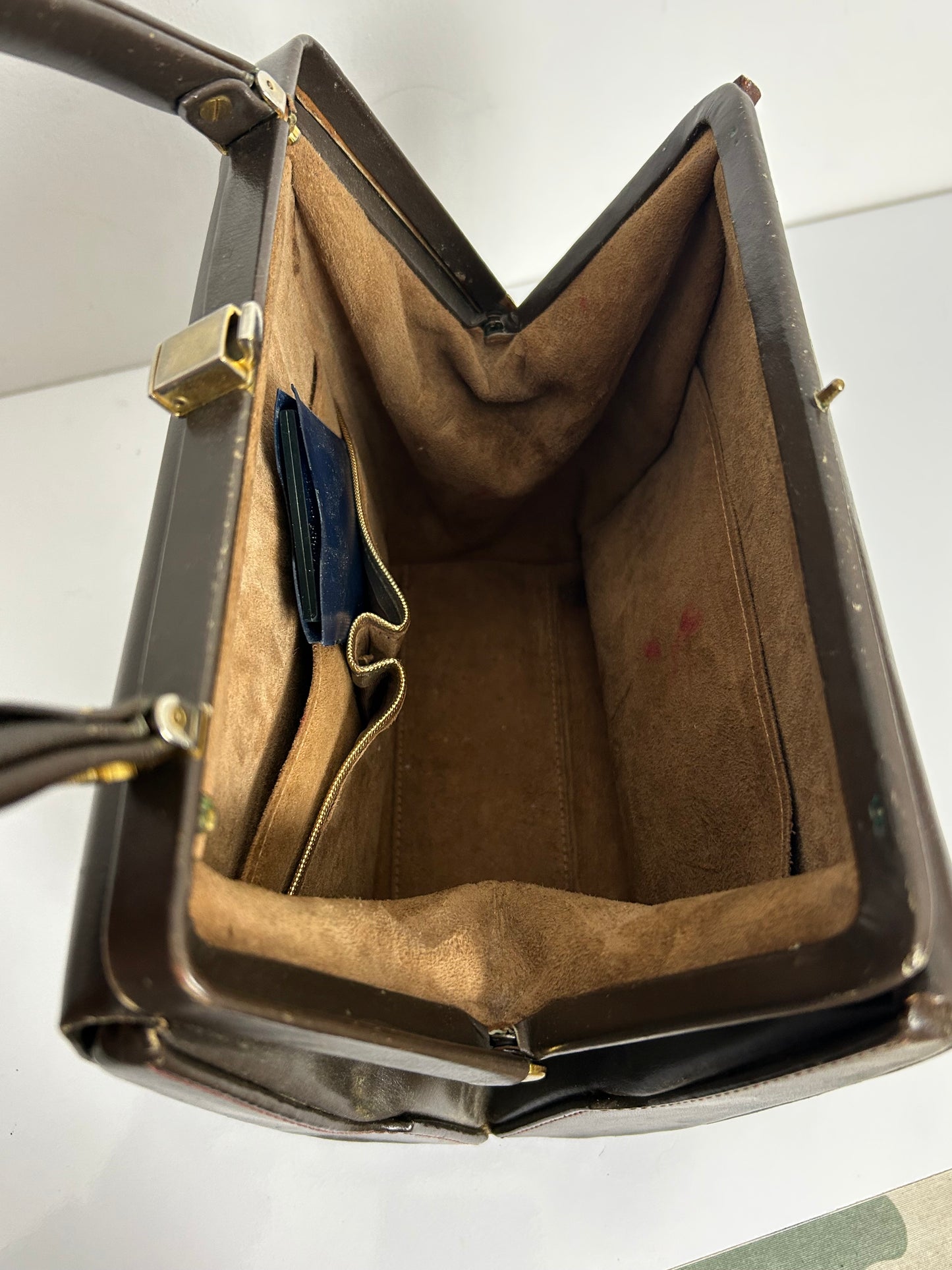 Vintage 1940s Dark Brown Leather Gladstone Style Boxy Handbag