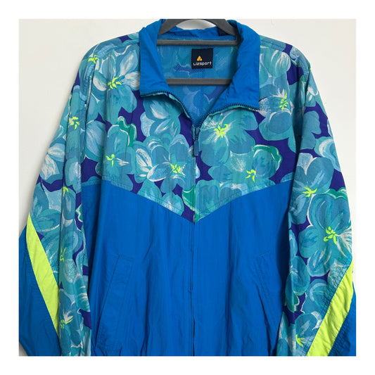 Vintage 1980s LIZSPORT LIZ CLAIBORNE Size M (Up To Size 14/16) Blue & Mint Green Floral Print Windbreaker Shell Jacket