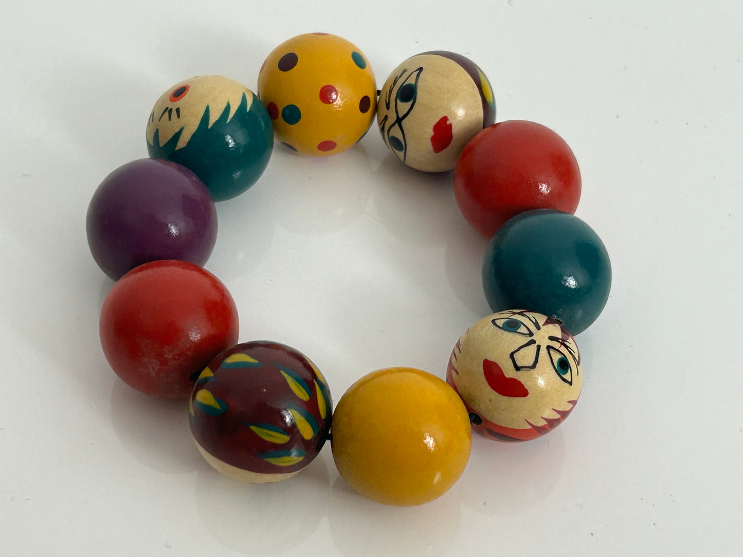 Vintage 1980s Handmade Handpainted Multicolour Wooden Bead Bracelet