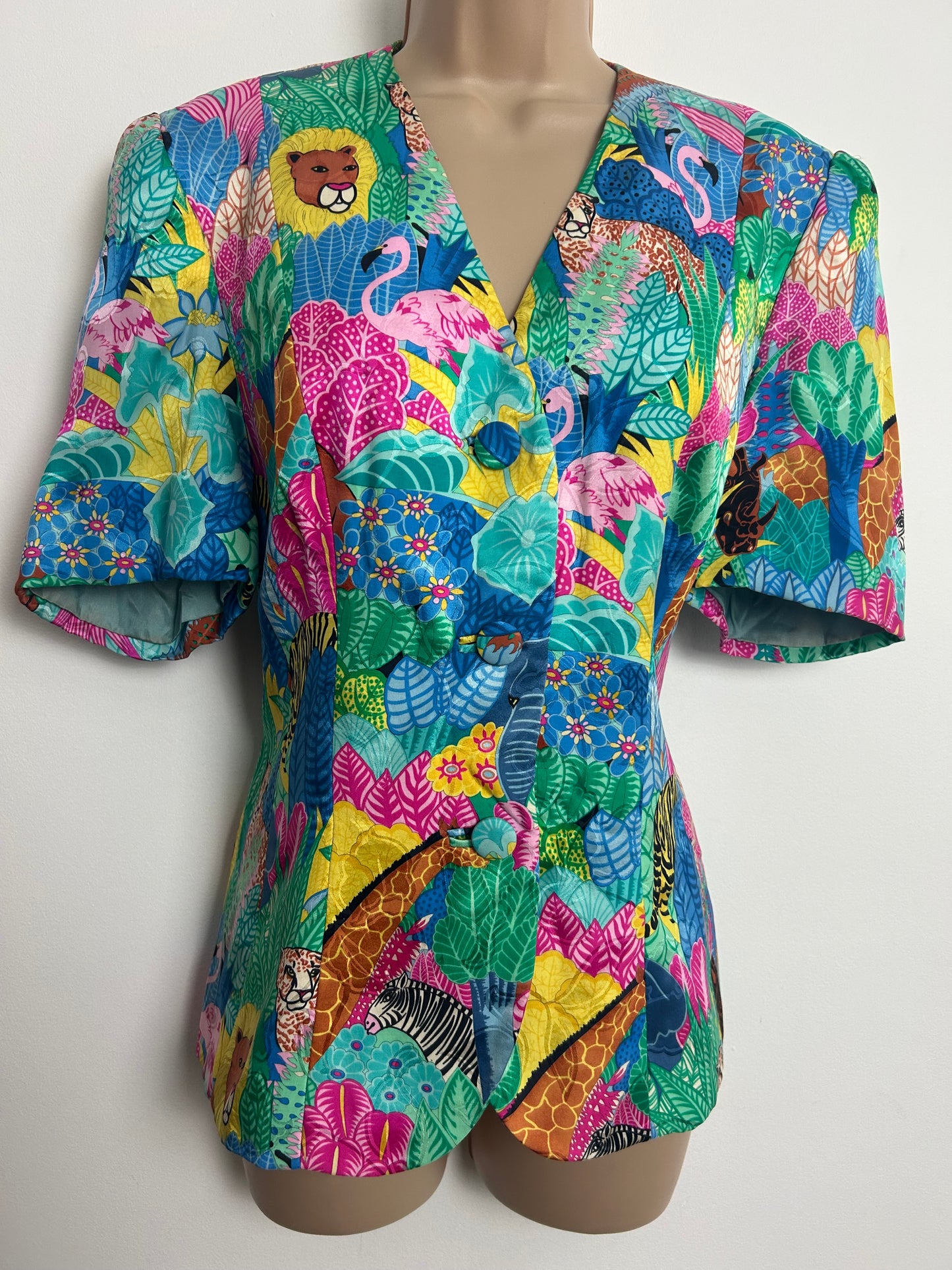 Vintage 1980s DONALD CAMPBELL Size 14 Blue Pink Green Yellow Flamingo Leopard & Lion Print Jungle Print