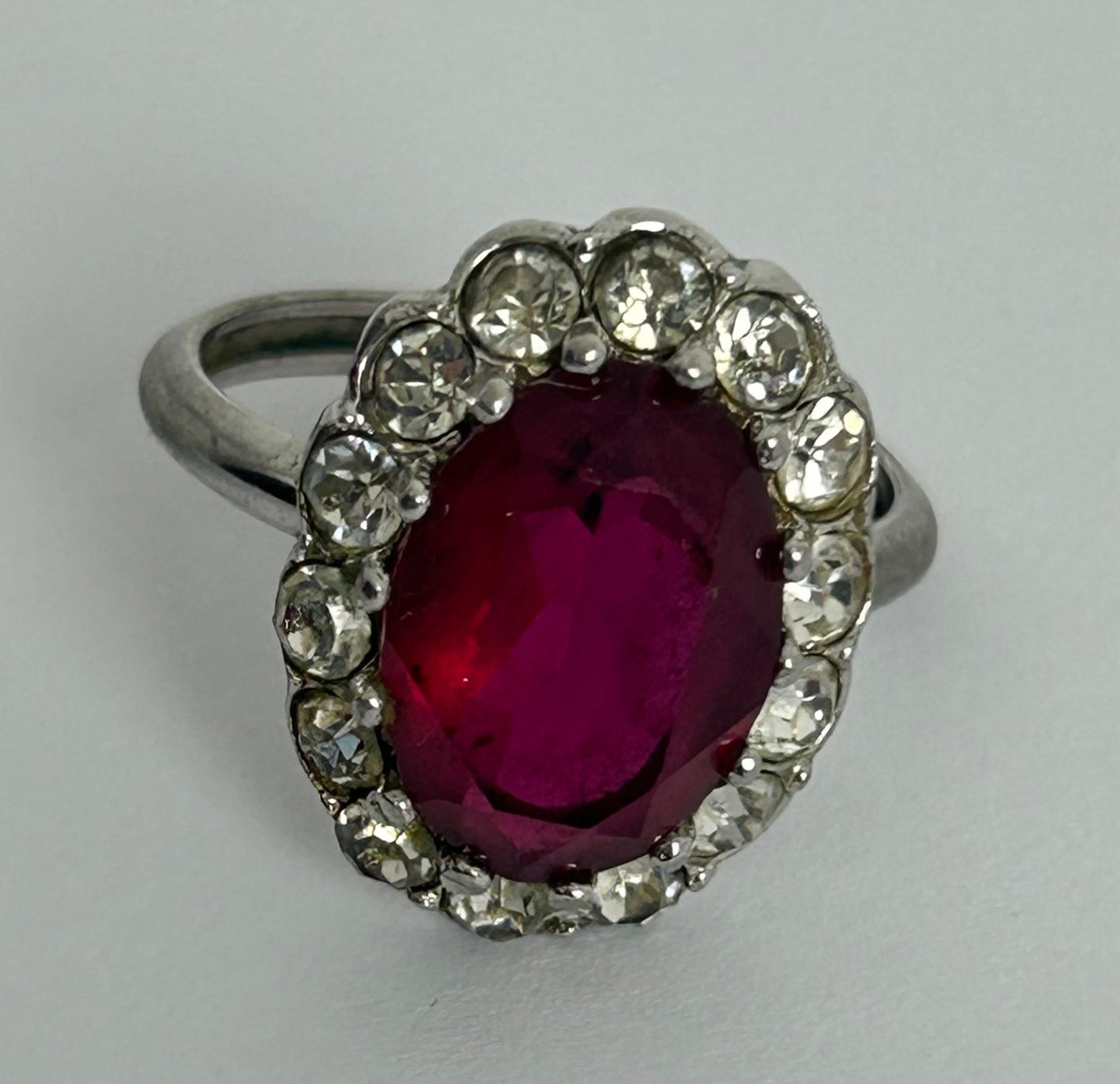 Vintage Silver Tone Red Glass & Diamante Stone Set Cocktail Ring Size T