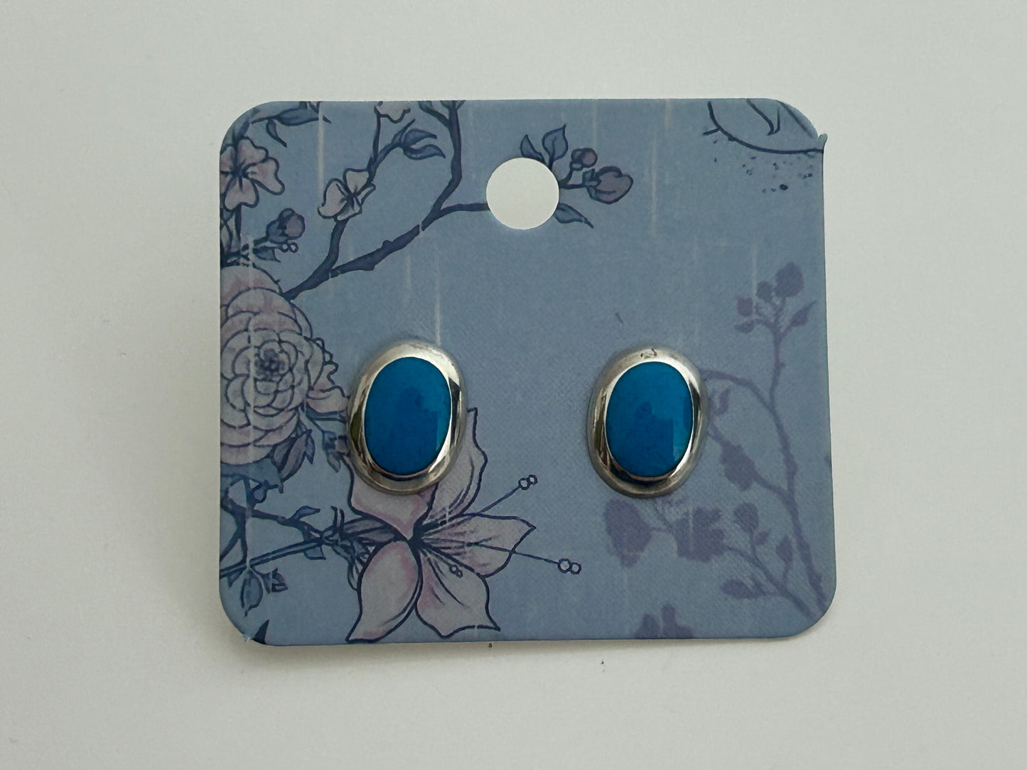 Vintage Silver Tone & Turquoise Enamel Small Oval Earrings