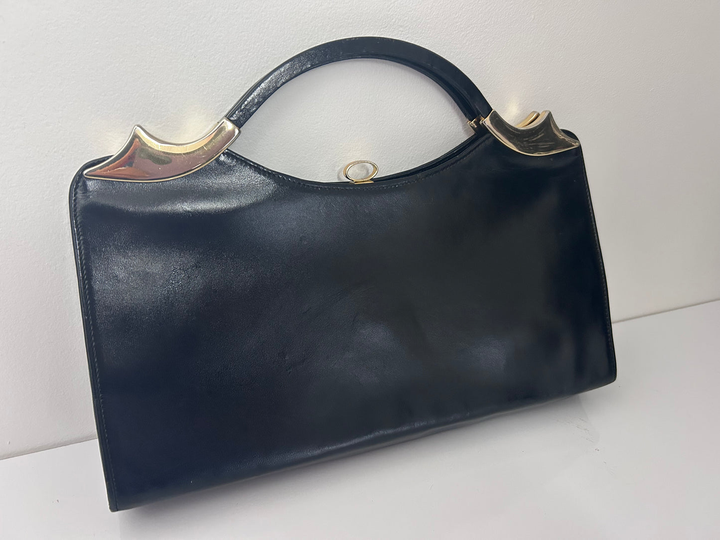 Vintage 1960s ACKERY Stunning Large Black Leather Mod Style Handbag