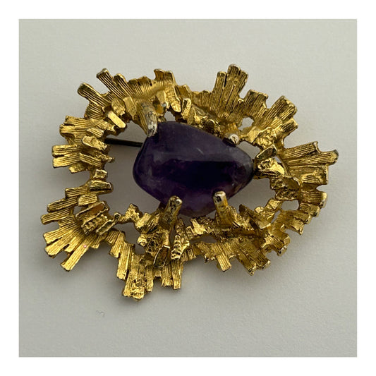 Vintage HOLLYWOOD Signed Gold Tone Brutalist Purple Glass Stone Set Brooch