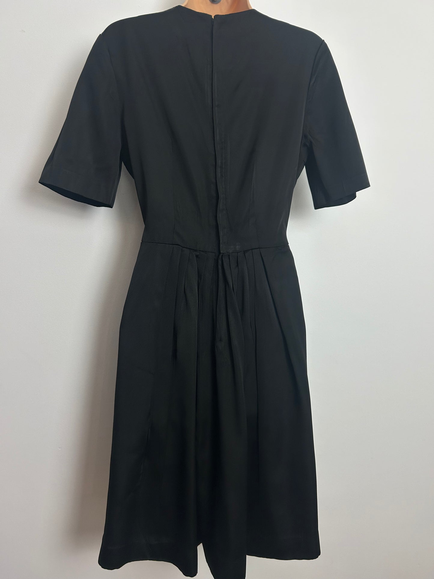 Vintage Early 1960s Size 10 Black Satin Velvet Trim & Bow Detail Pleated Mod Dress