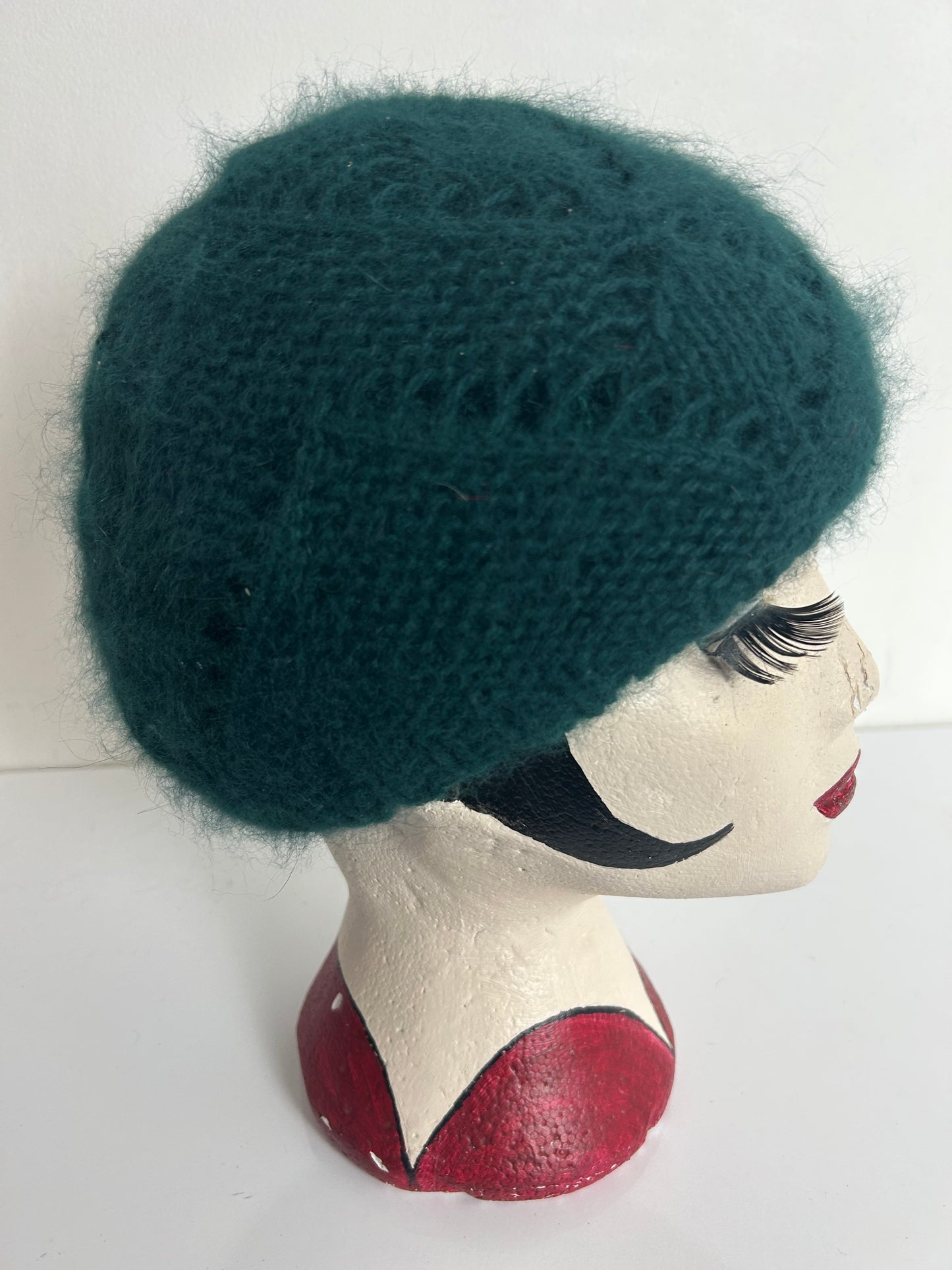 Vintage Forest Green Chunky Knit Angora & Wool Mix Beanie Style Hat