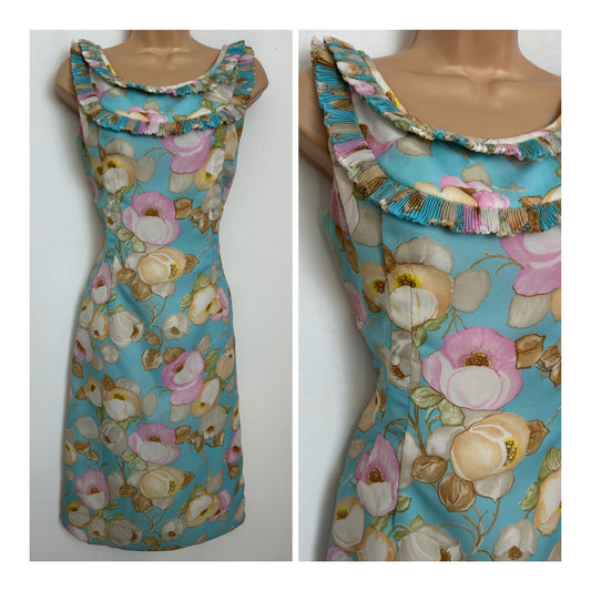 Vintage 1960s ELMOOR OF LONDON Size 10 Blue Pink & Beige Floral Print Plisse Pleat Ruffle Trim Summer Mod Dress