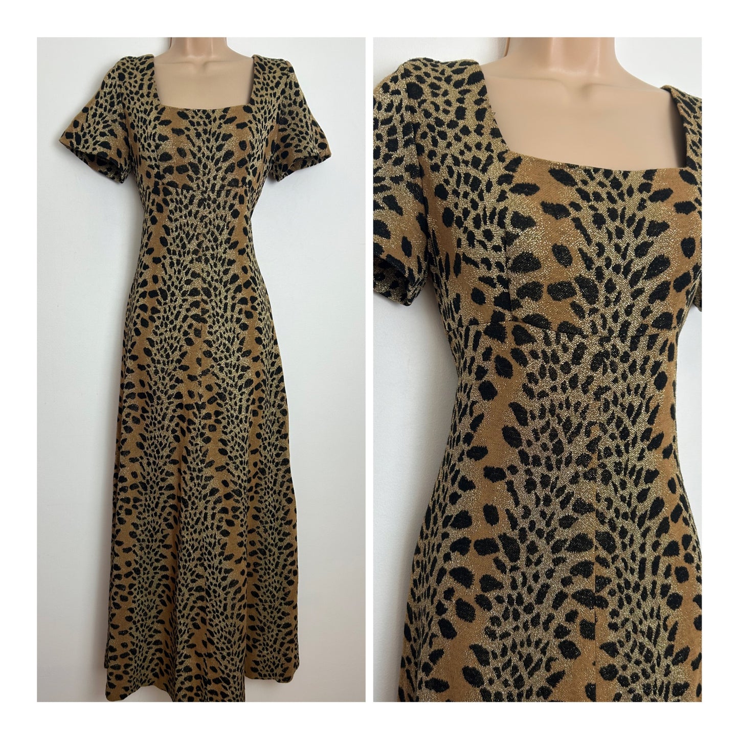 Vintage 1970s MADEMOISELLE Size 8 Black Tan & Gold Lurex Animal Print Evening Maxi Dress