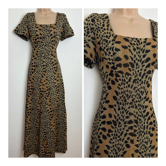 Vintage 1970s MADEMOISELLE Size 8 Black Tan & Gold Lurex Animal Print Evening Maxi Dress