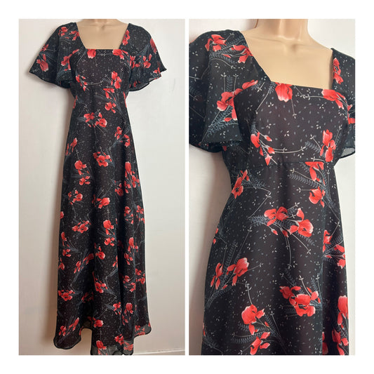 Vintage 1970s UK Size 8 Pretty Black & Coral Orange Floral Print Maxi Dress