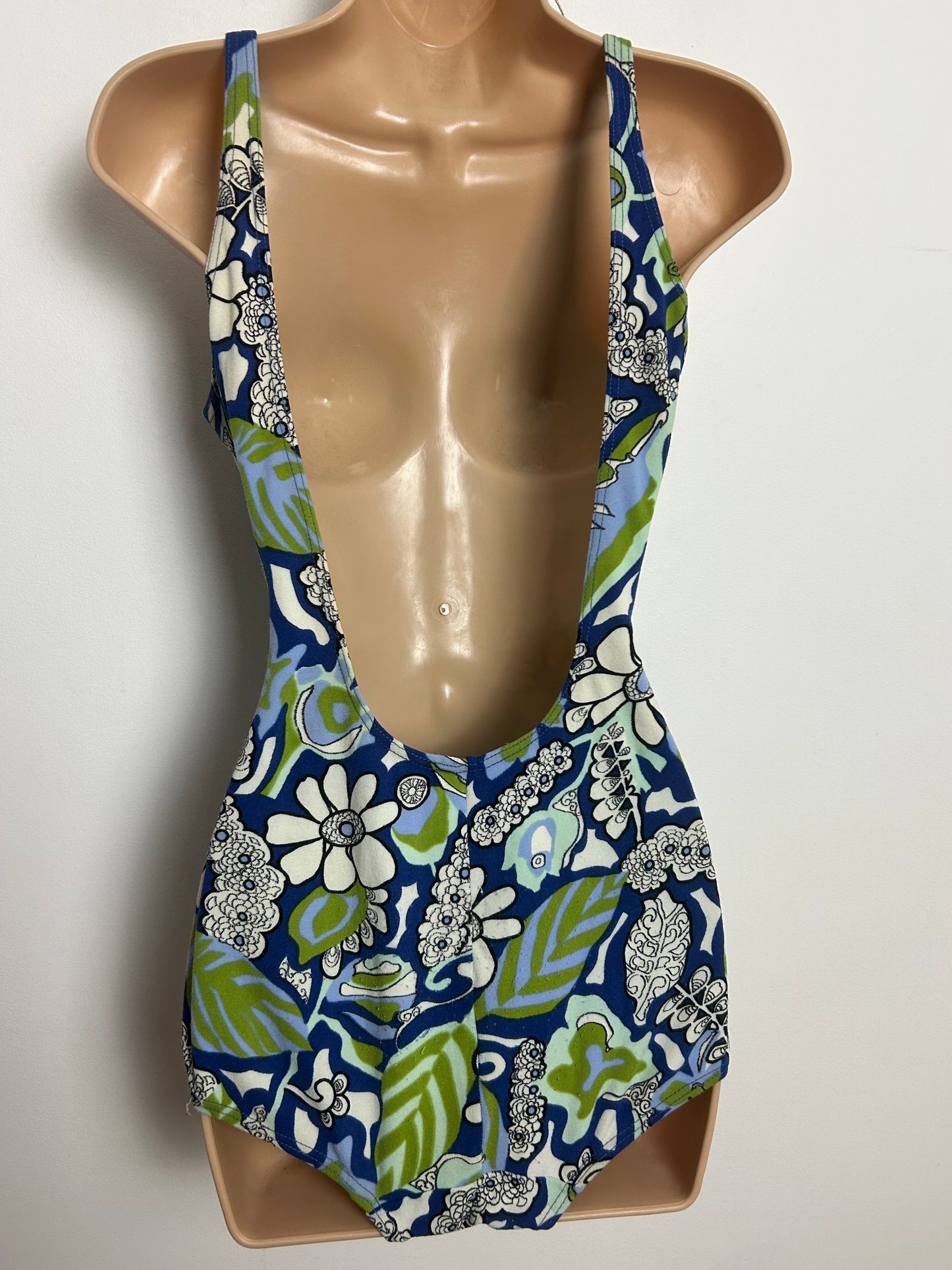 Vintage Late 1960s RASUREL Size 16 Blue & Green Floral & Leaf Print Padded Swimsuit