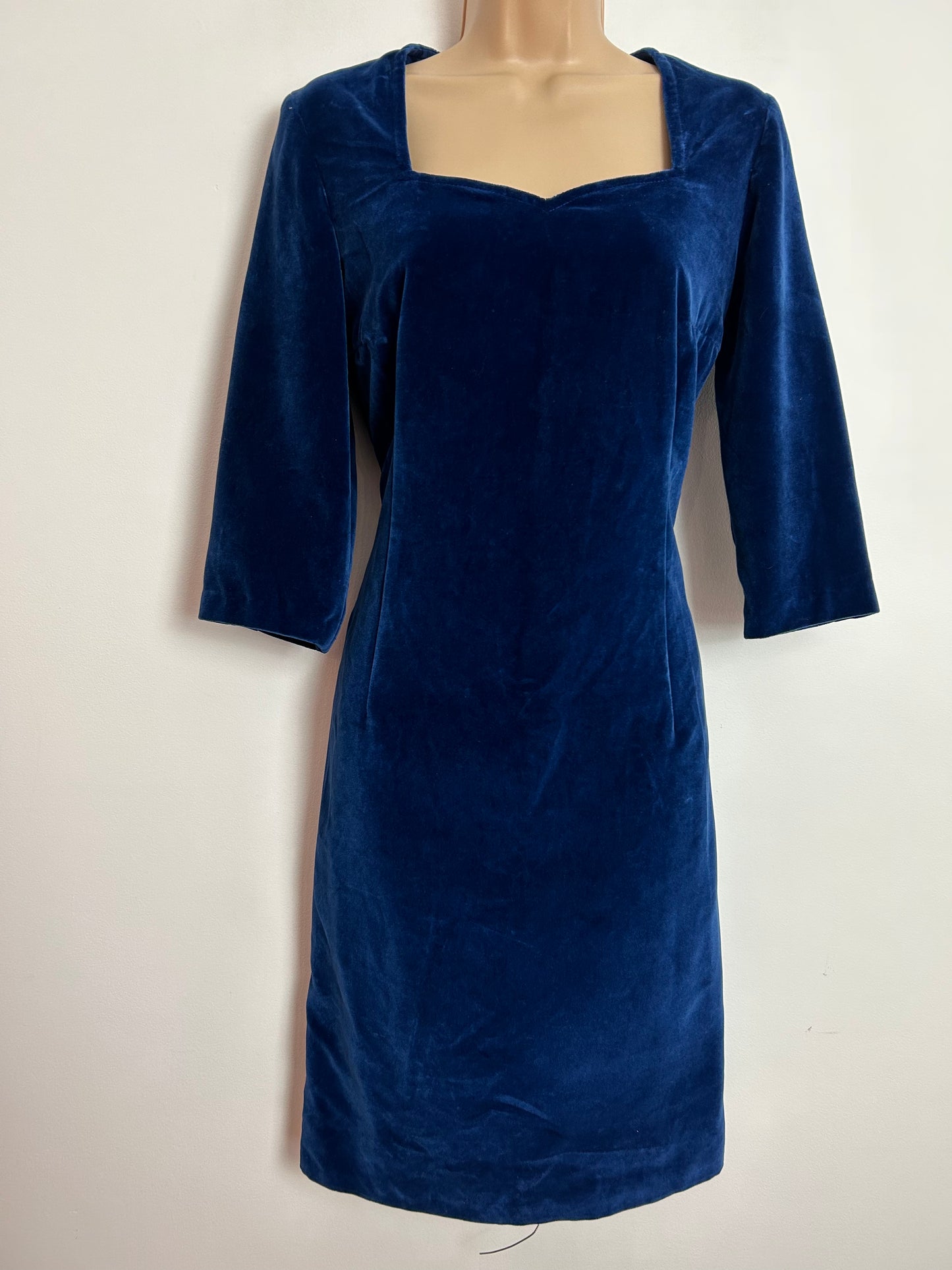 Vintage 1960s UK Size 8 Midnight Blue Velvet 3/4 Sleeve Christmas Party Occasion Dress