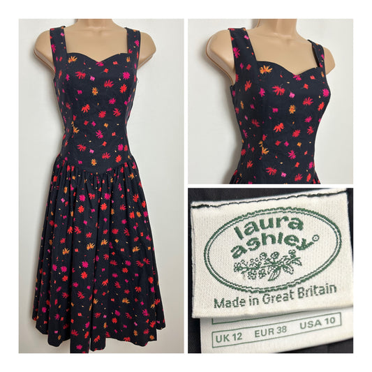 Vintage 1980s LAURA ASHLEY Size 10 (Size 12 On Label) Black Pink Red & Orange Floral Bow Back Midi Dress