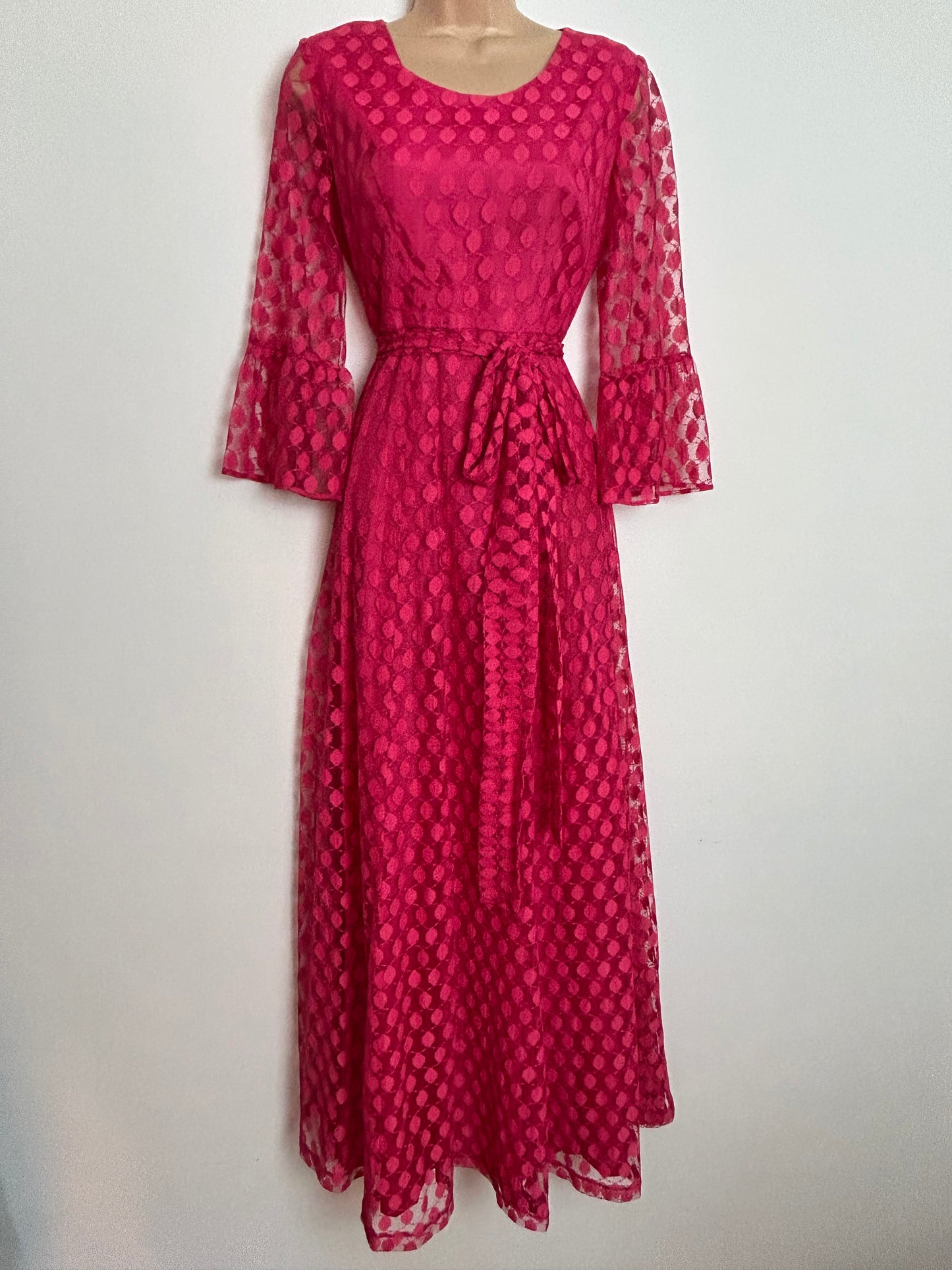 Vintage Late 1960s RICCI MICHAELS OF MAYFAIR UK Size 10 Hot Pink Spotty Lace Occasion Evening Maxi Dress