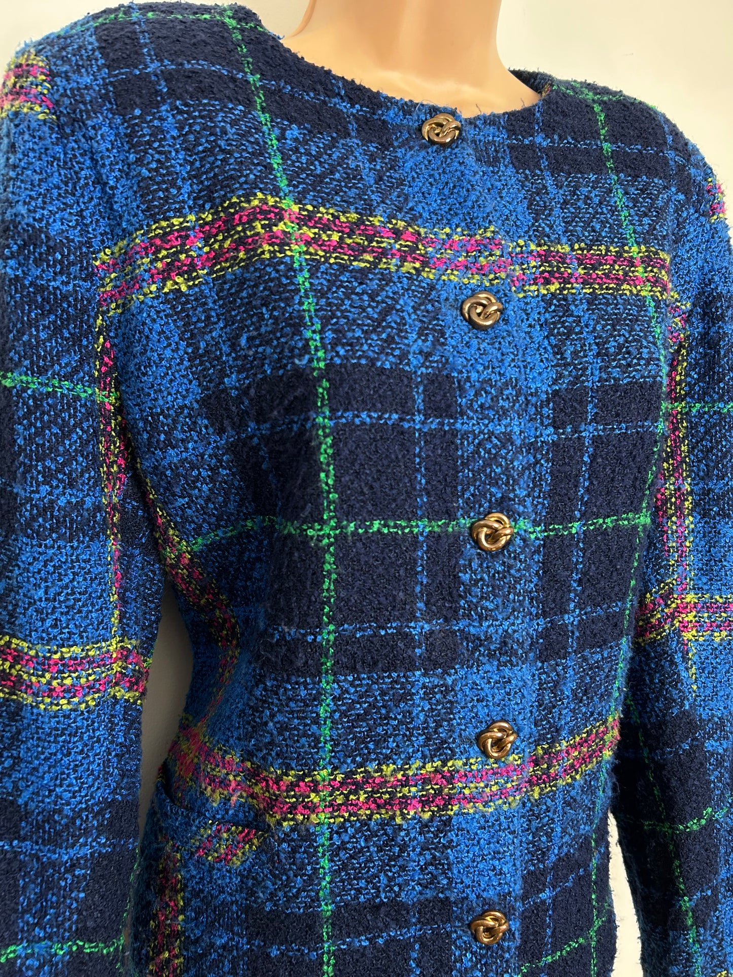 Vintage VINCI CLOTHIERS Size 14 Blue Check Boucle Collarless Boxy Jacket