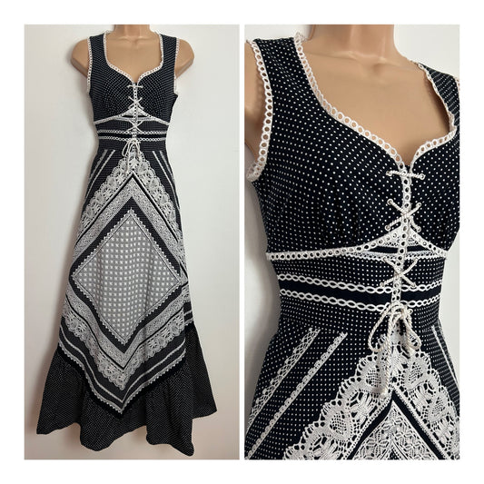 Vintage 1970s MARC RENE Size 6 Black & White Polka Dot & Trompe L'oeil Print Lace Up Front Cotton Maxi Dress