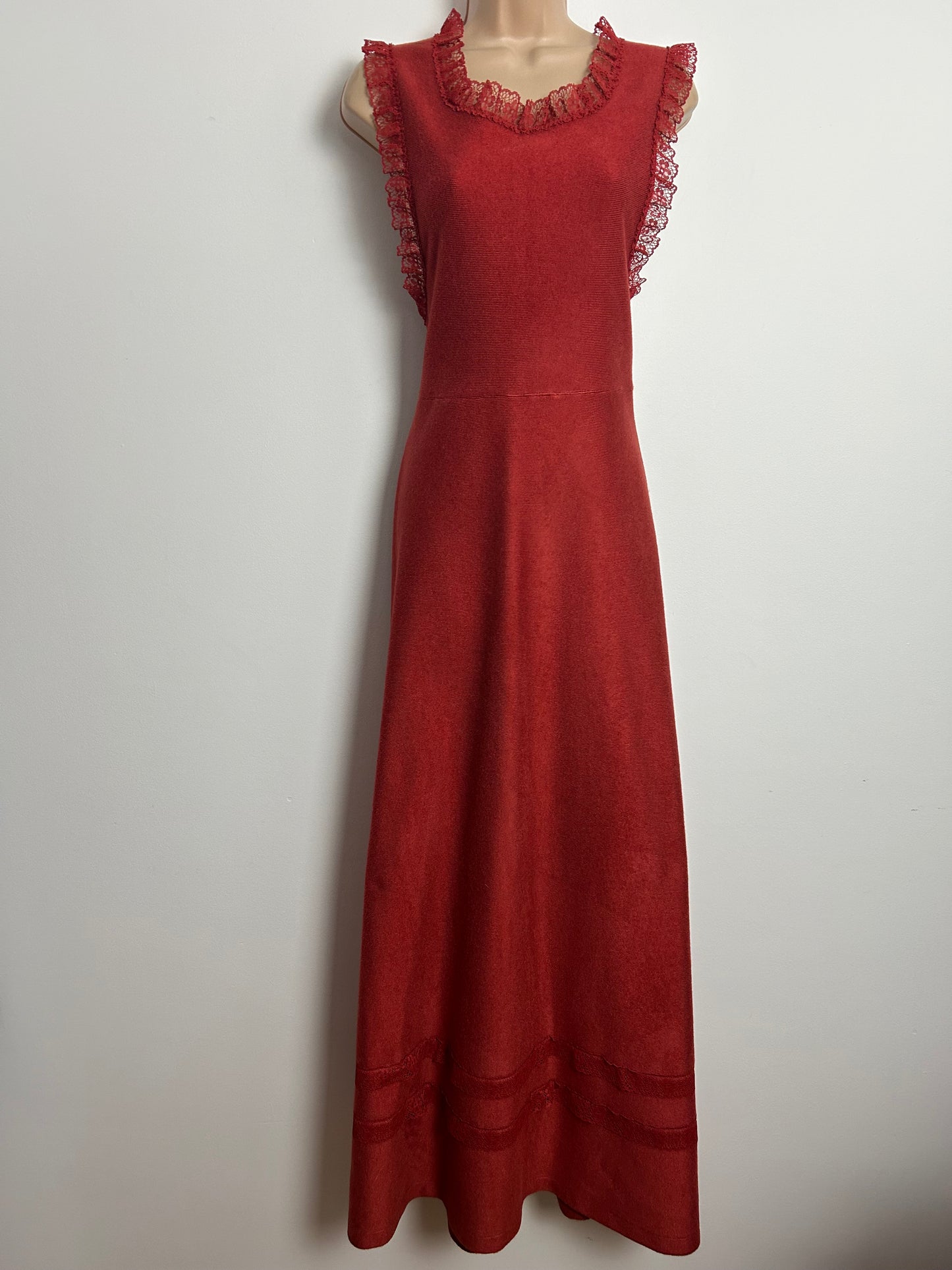 Vintage 1970s ST MICHAEL Size 10 Terracotta Lace Trim Open Side Maxi Dress