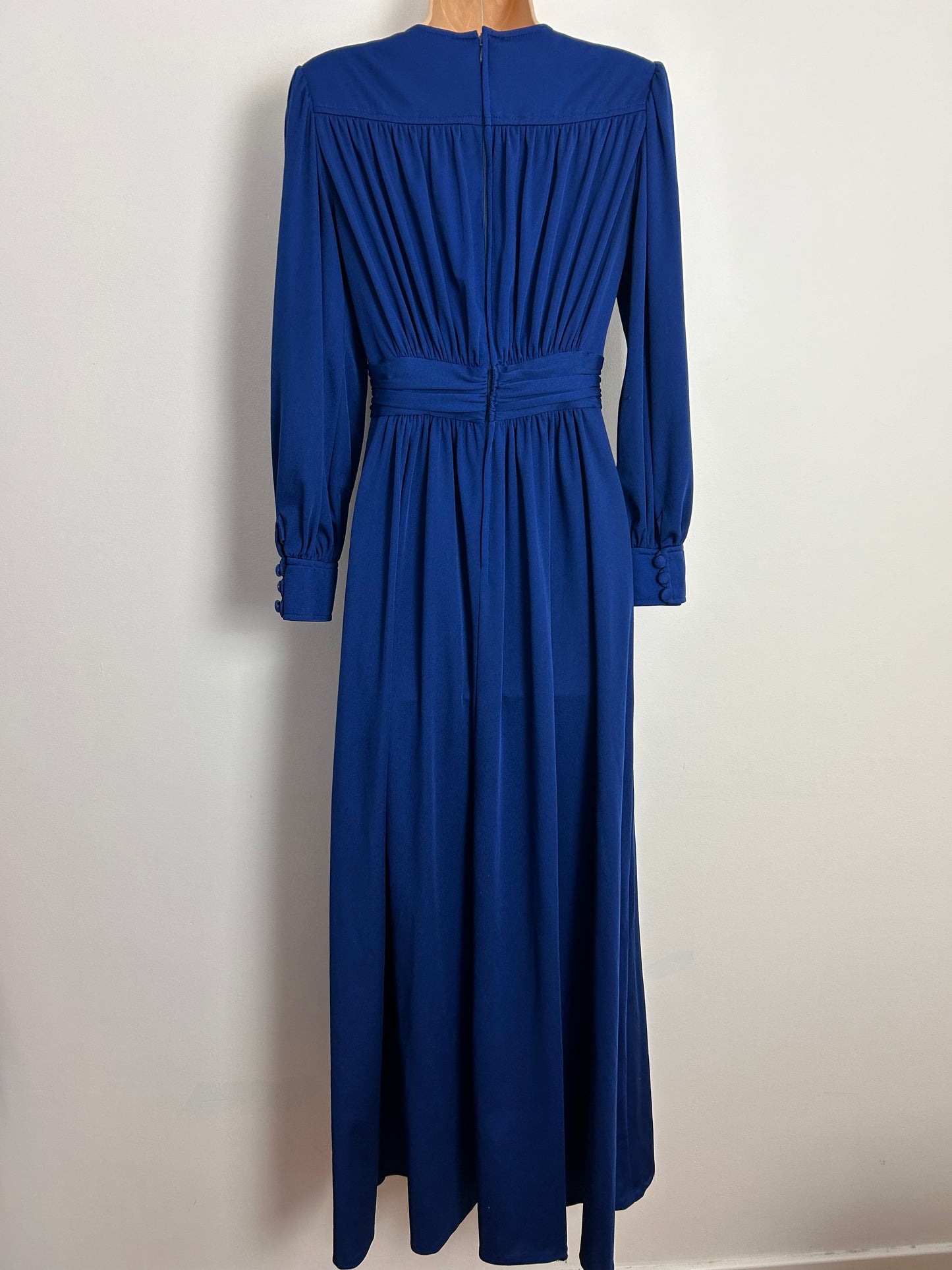 Vintage 1970s CREATION MADEMOISELLE UK Size 6-8 Royal Blue Long Sleeve Gather Pleated Maxi Dress