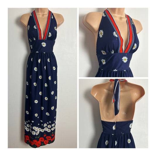 Vintage 1970s Size 6 Navy Blue White & Red Floral Daisy & Poppy Print Halterneck Maxi Dress