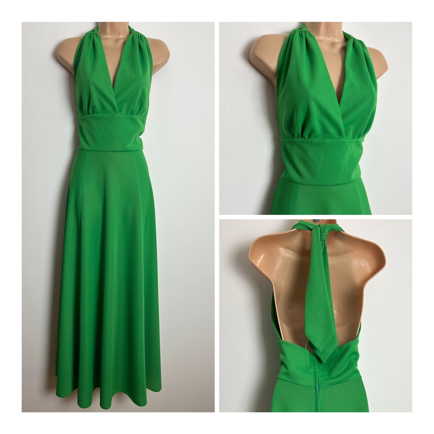 Vintage 1970s Size 6 Green Halter Neck Open Back Summer Maxi Dress