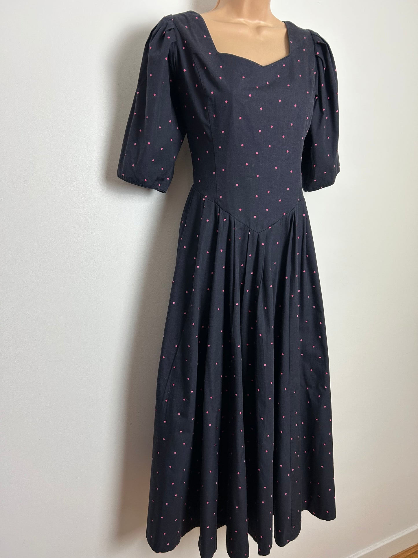 Vintage 1980s LAURA ASHLEY Size 12 (Size 16 On Label) Black & Pink Polka Dot Pleated Midi Dress