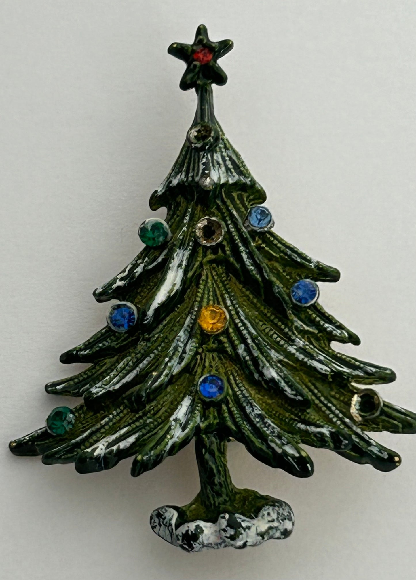 Vintage Gold Tone Cold Painted Blue & Pink Diamante Set Christmas Tree Pin Brooch
