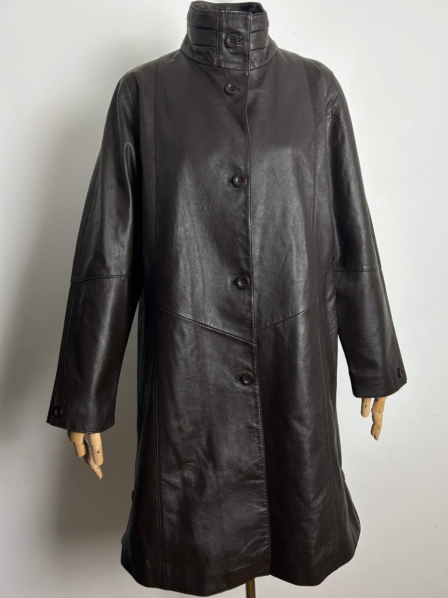 Vintage Late 1980s JULIA ROMA Size 12 Brown Leather Oversized Mid Length Coat