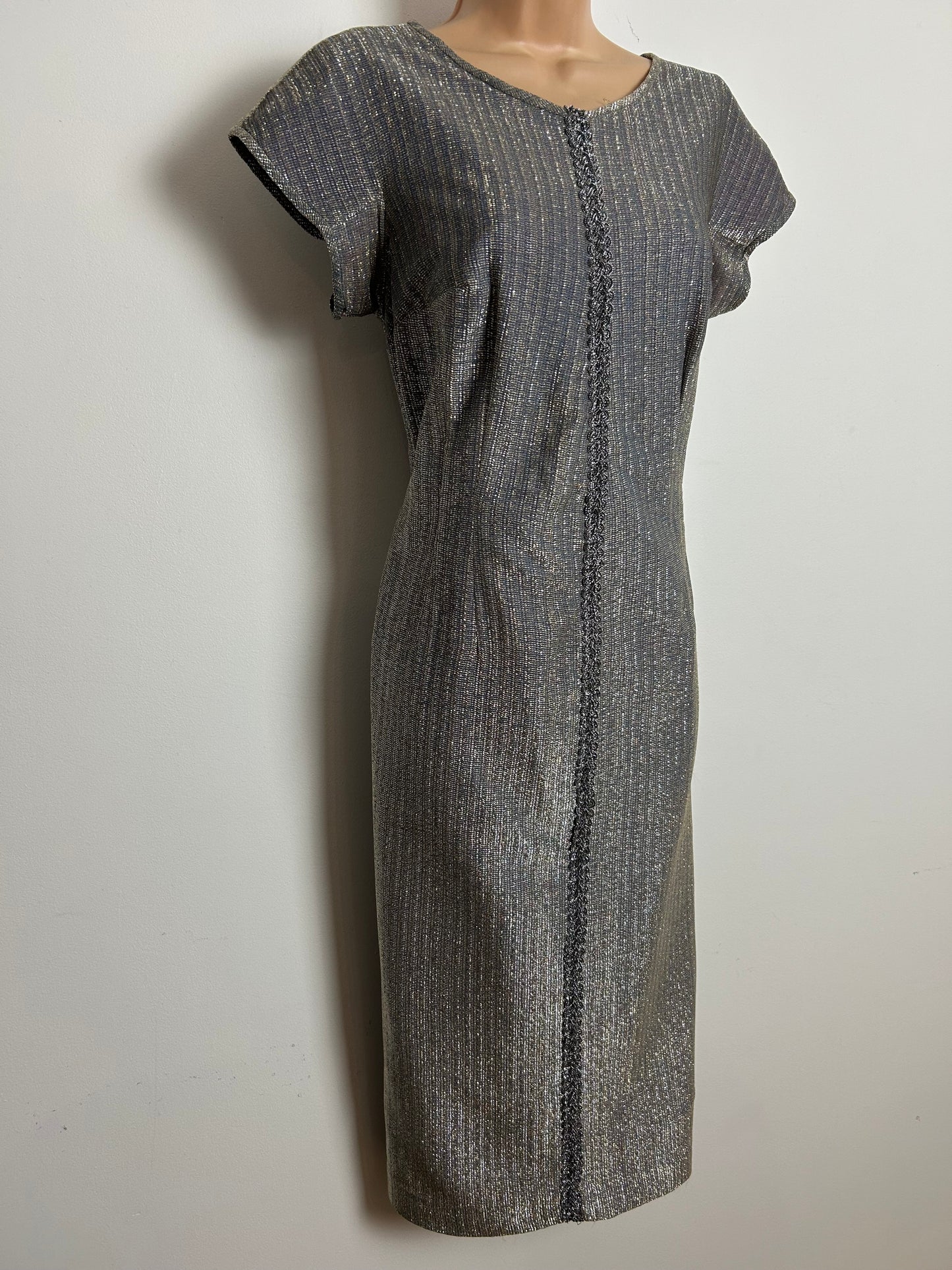 Vintage 1960s BERBRIGHT LONDON Size 12 Silver Lurex Braid Trim Evening Party Dress & Matching Cropped Jacket