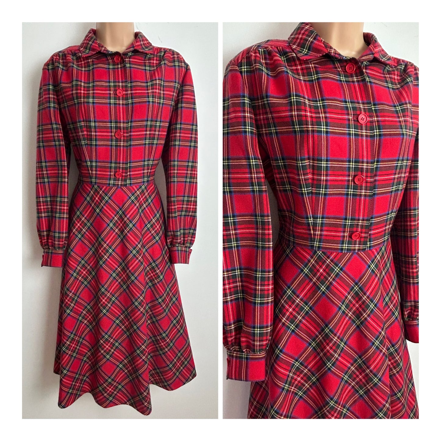 Vintage 1970s Size 14 red green & yellow tartan check long sleeve fit & flare wool dress