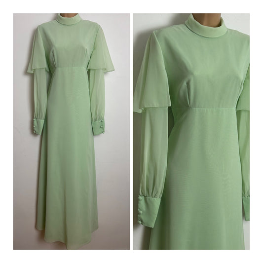 Vintage 1970s PETER ELLIS Size 10 Pale Apple Green Chiffon Double Layer Long Sleeve Occasion Maxi Dress