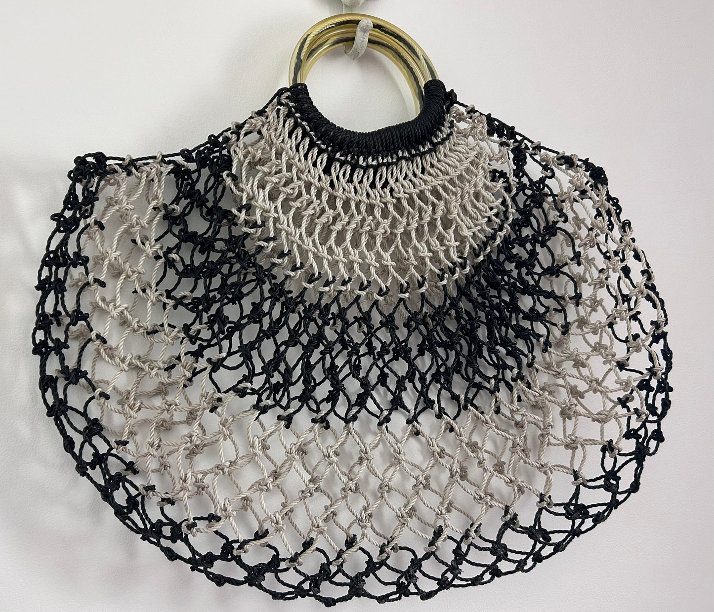 Vintage Late 1950s Black & White Plastic String Woven Macrame Style Plastic Handled Shopping Bag