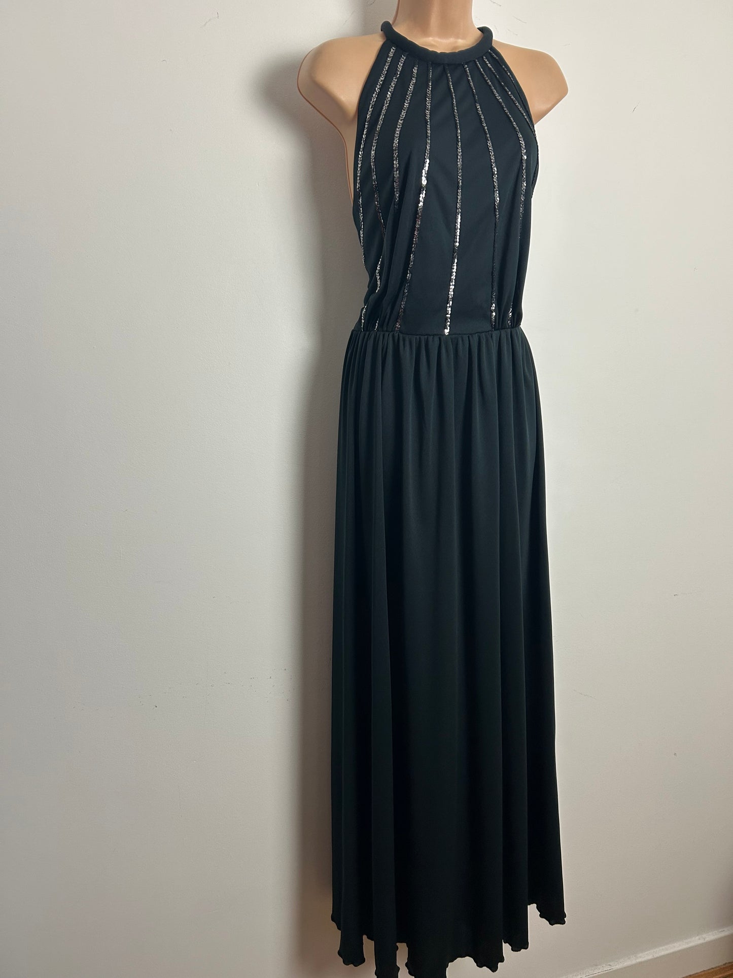 Vintage 1970s AFTER SIX BY RONALD JOYCE Size 12 Black Sequin Detail Halterneck Evening Maxi Dress