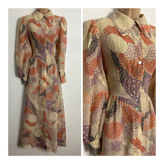 Vintage 1970s CONCORD BY REMBRANDT UK size 6-8 Beige Orange & Purple Abstract Circle Print Long Sleeve Cotton Mix Maxi Dress