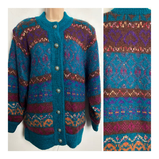 Vintage 1980s Size Large Teal Pattern Mohair & Wool Mix Cardigan