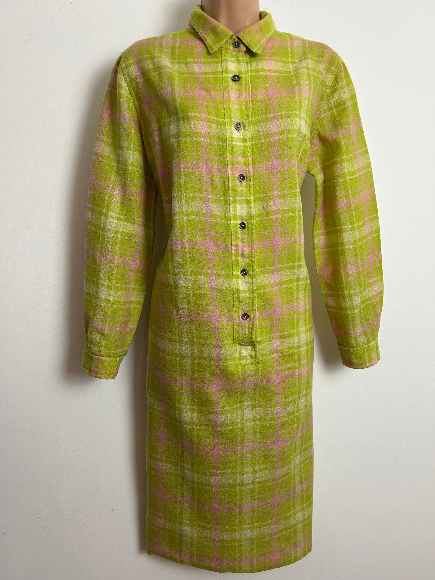 Vintage 1970s PETER COLLINS Size 14-16 Lime Green & Pink Check Long Sleeve Shirt Style Dress