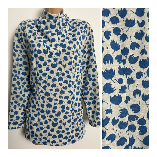 Vintage Early 1980s Size 14-16 White & Blue Floral Print Cowl Neck Long Sleeve Tunic Style Top