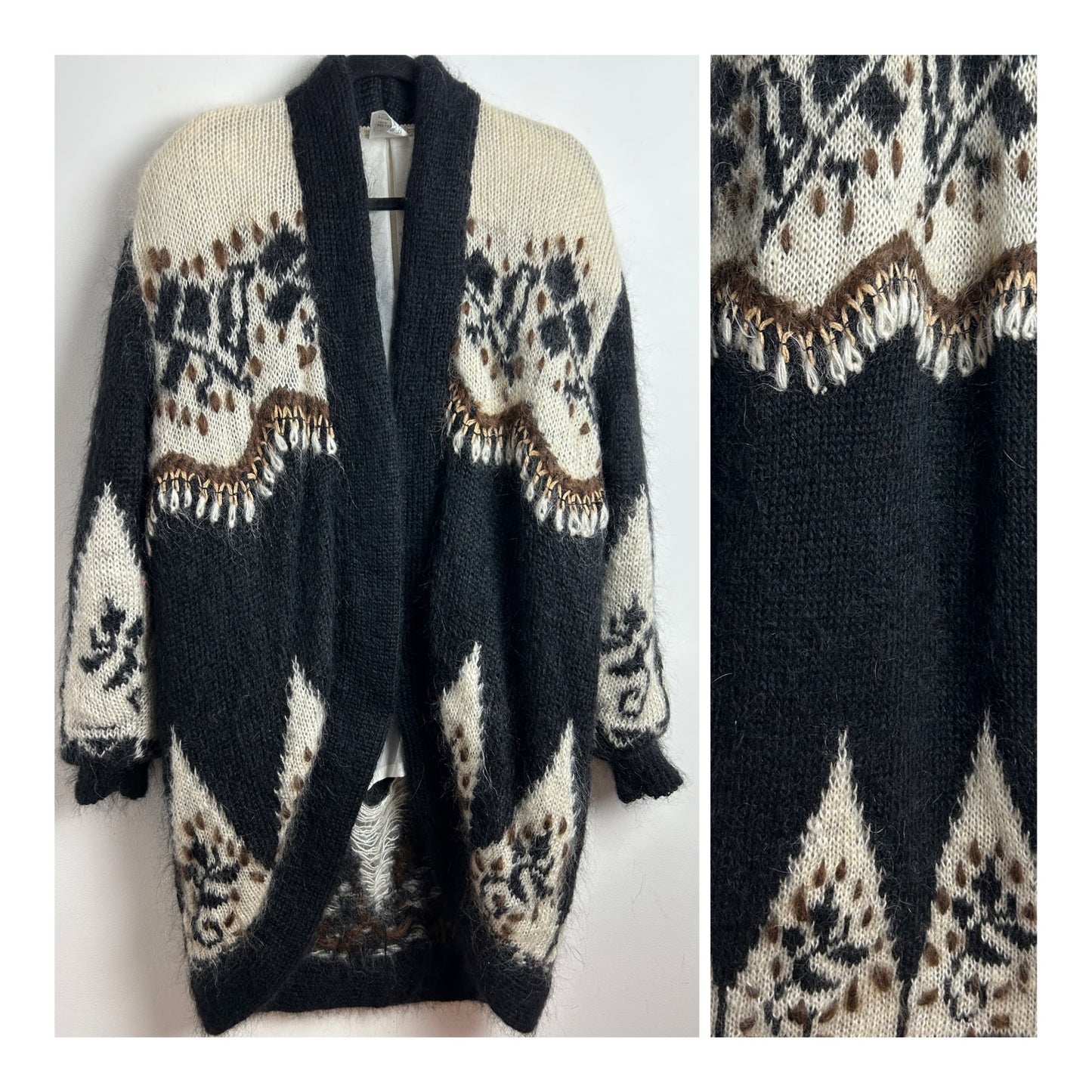 Vintage 1980s Oversize Slouchy Black Cream & Brown Mohair Mix Open Fronted Long Length Cardigan