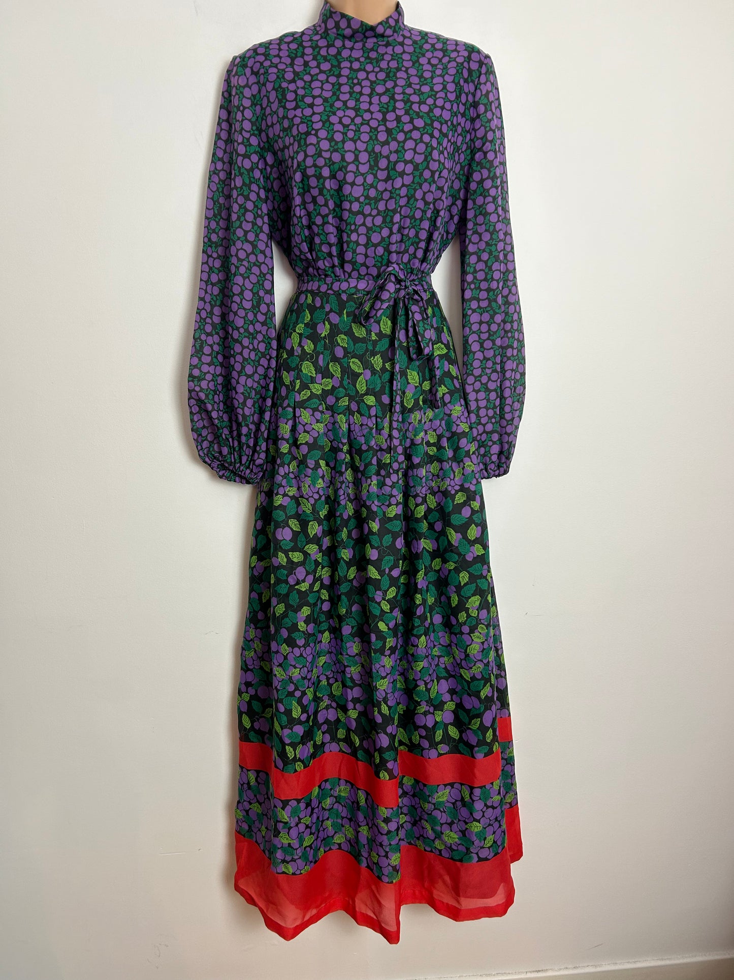 Vintage 1970s UK Size 12 Black Purple & Green Berry & Leaf Print Long Sleeve Belted Boho Maxi Dress