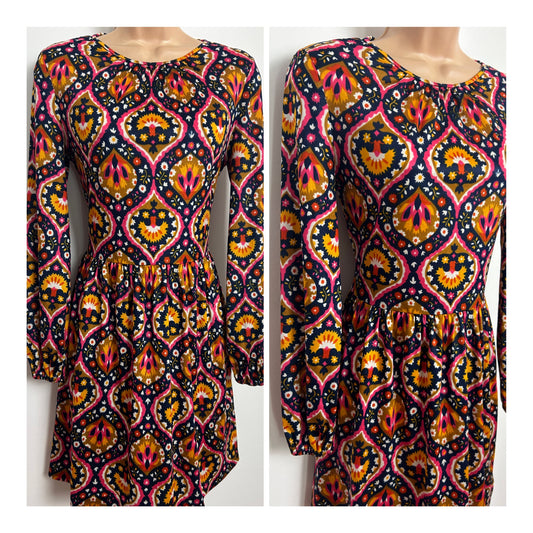 Vintage 1960s ST MICHAEL Size 10 Navy Blue Pink & Orange Abstract Print Long Sleeve Short Dress