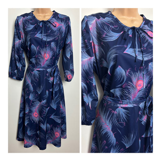 Vintage Early 1980s HEATHER VALLEY Size 14 Navy Blue & Pink Peacock Feather Belted Day Dress
