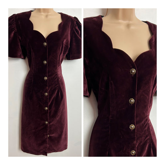 Vintage 1980s UK Size 10 Burgundy Red Velvet Short Sleeve Scallop Neck Dress